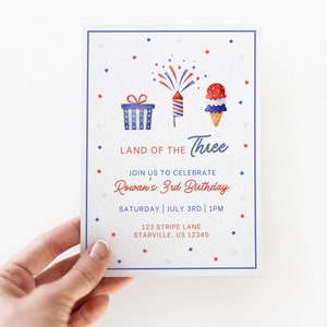 4th July Third Birthday Invitation Template, Land of the Three Party, Patriotic Theme, Independence Day, Red White Blue, Editable Invite