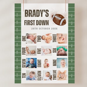 Modèle de carte d'anniversaire avec photo de première année en bas, thème de la fête du football américain, panneau d'étape en bas de la 1re année, affiche modifiable