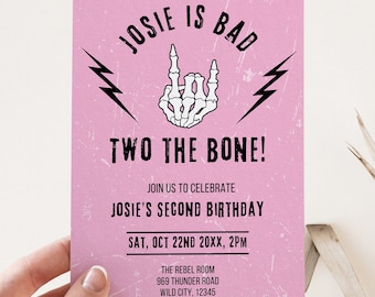 Bad Two The Bone Second Birthday Invitation, Editable Template, Girl Bad 2 The Bone Party Invite, Skeleton Rock On Biker, Pink White Black