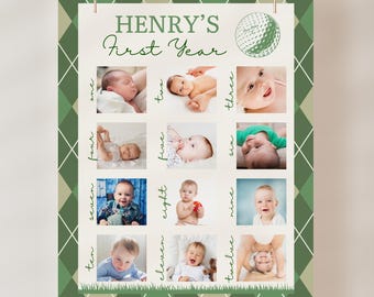 May include: A green and white golf-themed poster with a photo collage of a baby boy's first year. The poster has the text "HENRY'S First Year" at the top and numbers one through twelve below each photo.
