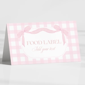 Pink Gingham Bow Food Tents Editable Template, Buffet Food Cards, Folded and Flat Food Labels, Party Decor, Birthday Food, Pink Plaid Theme