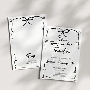 Coquette 30th Birthday Party Invitation, Tying Up Her Twenties, Hand Drawn Bow Theme, Thirty Birthday Brunch, Editable Invite Template