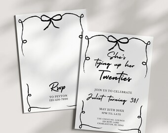 Coquette 30th Birthday Party Invitation, Tying Up Her Twenties, Hand Drawn Bow Theme, Thirty Birthday Brunch, Editable Invite Template