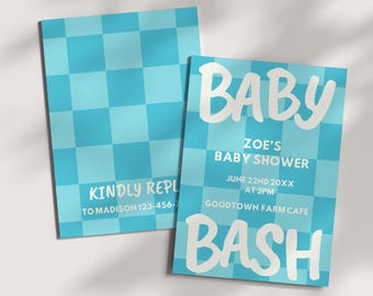 Blue Checkerboard Baby Shower Invitation, Baby Bash Theme, Y2K Aesthetic, Minimalist Baby Shower Invite, Baby Boy Shower, Editable Invite