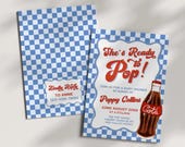 Ready to Pop Baby Shower Invite, Cola Soda Theme, Editable Canva Template, Retro Diner Invitation, Blue Red Boy Baby Shower