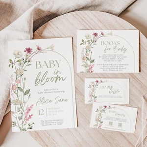 Baby in Bloom Babyparty Bundle, bearbeitbare Einladungsvorlage, grünes Wildblumen Blumenthema, Bücher für Baby, Windelverlosung, SGBB3