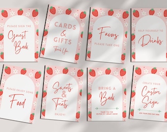Strawberry 1st Birthday Party Table Signs, Fully Editable Templates, Berry First Decor, Berry Sweet One Theme, Favors Signage, 8x10 5x7 Size