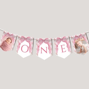 Modelo de banner para cadeira alta de aniversário com laço floral, tema Love Shack Fancy One, cartões editáveis, placa para cadeira alta, decoração de guirlanda para a primeira festa
