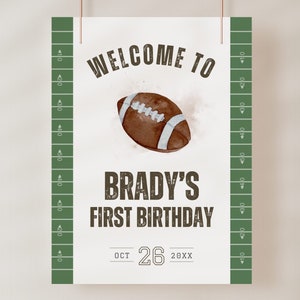 Placa de boas-vindas para o primeiro aniversário de futebol, modelo editável, tema de futebol americano, primeiro ano de derrota, festa do primeiro descida, primeiro jogo do menino no pôster