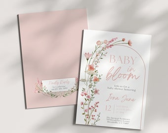 Inbjudan till babyshower med blommotiv, redigerbar mall, dammrosa flicka, boho vildblomstema, vår- och sommarblommor, blommig inbjudan, DPBB3