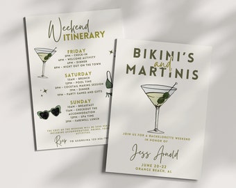 Bikinis and Martinis Bachelorette Invitation Itinerary Template, Kinis and Tinis, Girls Weekend, Hen Party, Editable Hand Drawn Invite