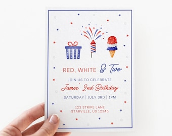4 juli tweede verjaardagsuitnodiging sjabloon, rood wit en twee partijen, patriottisch thema, Independence Day, rood wit blauw, bewerkbare uitnodiging