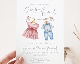 Zaproszenie na ujawnienie płci dziecka w stylu vintage, edytowalny szablon, zaproszenie na baby shower w stylu boho, przyjęcie z ujawnieniem płci dziecka, on lub ona, chłopiec lub dziewczynka