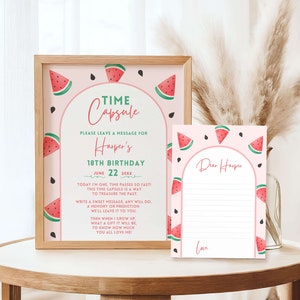 Cápsula del tiempo para el primer cumpleaños de "One in a Melon", plantilla editable para letrero y tarjeta, recuerdo para fiesta de niña, temática de sandía rosa, tarjetas con mensaje para invitados