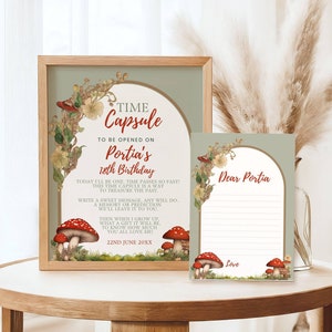 Cartes et signe de capsule temporelle d'anniversaire de champignon, souvenir de partie de champignon vénéneux, modèle modifiable, thème de Woodland Cottagecore, cartes de message d'invité