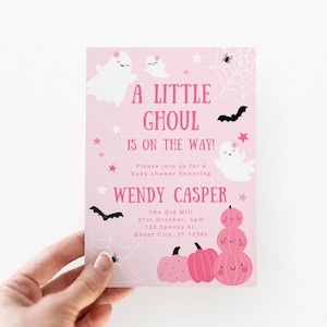 Pastel Pink Ghost Baby Shower Invitation Template, A Little Ghoul is on the Way, Halloween Invite, Girl Sprinkle, Editable Digital Download