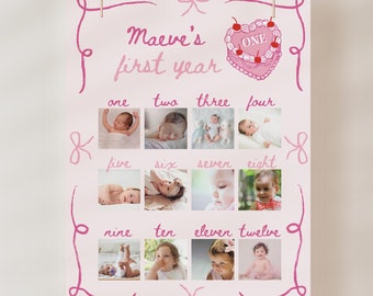 Pink Coquette Birthday Photo Milestone Board, Girls Just Wanna Be One Party Theme, First Year Editable Poster Template, Monthly Collage Sign