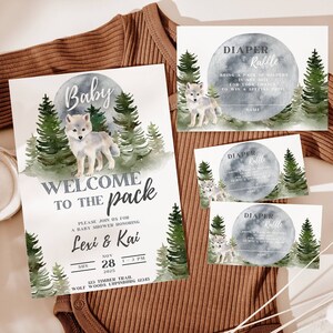 Benvenuti al tema Wolf Pack, modello di invito per baby shower, invito modificabile, libri per bambini, lotteria dei pannolini, biglietti di ringraziamento