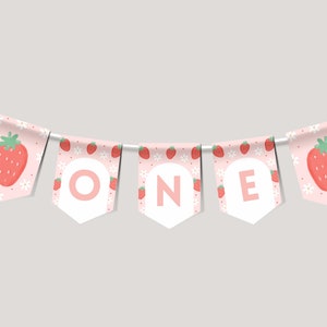 Modèle de bannière de chaise haute d'anniversaire aux fraises, thème de la première fête des baies, cartes modifiables, enseigne de chaise haute Sweet One, décoration de guirlande de fer de lance