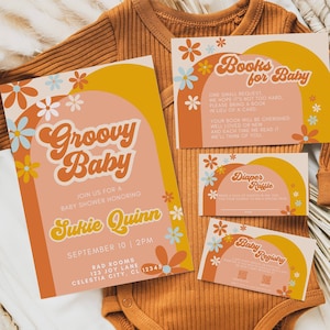 Retro 70er Jahre Babyparty-Bundle, bearbeitbare Einladungsvorlage, Groovy-Thema einladen, Bücher für Baby, Windelraffle, Antwortkarten, Danke, Registrierung