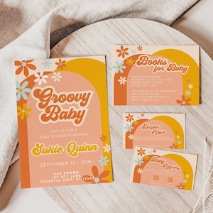 Bundle groovy baby shower, modèle d'invitation modifiable, thème d'invitation rétro des années 70, livres pour bébé, tombola de couches, RSVP, merci, registre