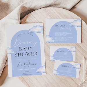 Cloud Baby Shower Invitation Template Bundle, Dreamy Blue Boy Sprinkle, Editable Invite, Books for Baby, Diaper Raffle, Thank You Cards