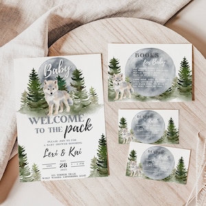Wolf-Babyparty-Thema, Einladungsvorlagen-Bundle, bearbeitbare Einladung, Willkommen im Paket, Bücher für Baby, Windelraffle, Dankeskarten