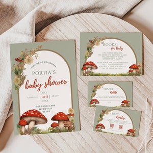 Cottagecore Pilz-Babyparty-Einladungspaket, bearbeitbar, einladen und einfügen, Wald-Thema, Bücher für Baby, Windel-Verlosung, RSVP