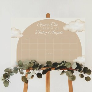 Kleines Stück des Himmels Babyparty Errate das Baby Fälligkeitsdatum Zeichen, bearbeitbare Poster Vorlage, neutrales Wolken Thema, Ankunftsvorhersage Kalender Spiel