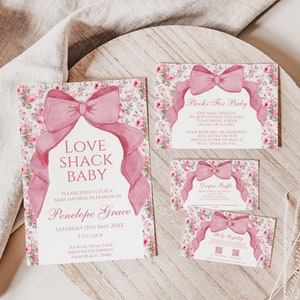 Love Shack-Babypartyeinladungs-Vorlagenpaket, bearbeitbar einladen, Coquette-Thema, Bücher für Baby, usw