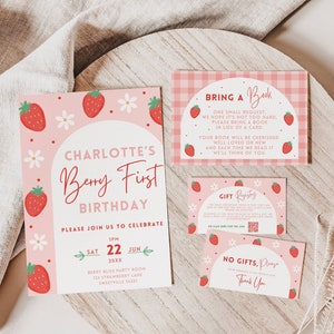 Pacote de modelos de convite para o primeiro aniversário de Berry, Strawberry Patch, Gingham rosa, convite editável, traga um livro, RSVP, obrigado, encarte para presente