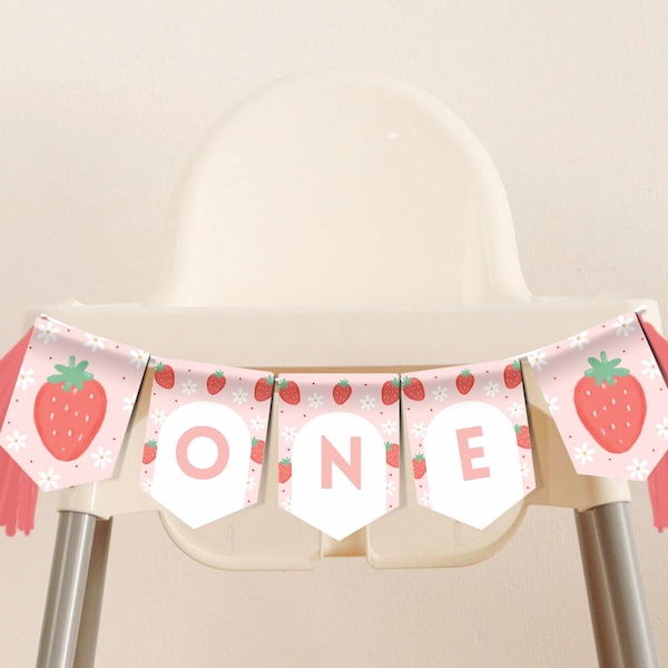 Berry First Birthday High Chair Banner Template, Strawberry Party Theme, Editable Cards, Sweet One HighChair Sign, Spearhead Garland Decor