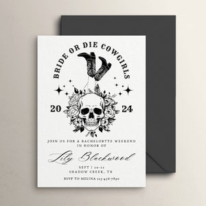 Bride or Die Cowgirls Bachelorette Einladung Reiseplan, Western Gothic, Till Death Do Us Party, Goth Hen Party, bearbeitbare Einladung