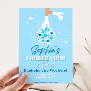 Plantilla de itinerario de invitación para despedida de soltera &quot;Voulez Vous and Vows&quot;, temática de Mamma Mia, discoteca costera, invitación DIY, descarga digital editable