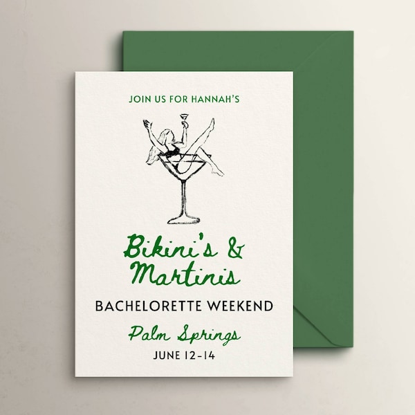 Martinis and Bikinis Bachelorette Invitation Itinerary Template, Kinis and Tinis Theme, Girls Weekend, Hen Party, Editable Hand Drawn Invite