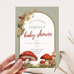 Mushroom Baby Shower Invitation Template, Editable Invite, Woodland Toadstool Theme, Fall Forest Fungi, Cottagecore Gender Neutral