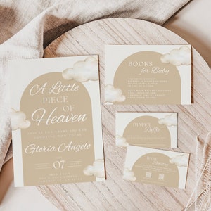 Kleines Stück des Himmels Babypartyeinladungsvorlagenpaket, bearbeitbare Einladung, Bücher für Baby, Antwortgebe, Windelraffle, Danke, Registrierung