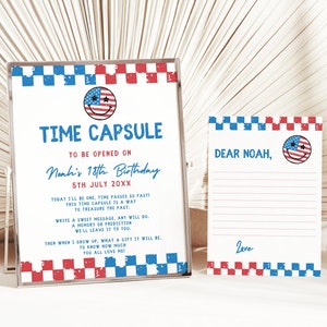 Placa e cartões da cápsula do tempo do primeiro aniversário do One American Dude, lembrança de festa, modelo editável, tema de 4 de julho, cartões de mensagem para convidados