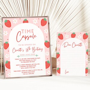 Cartes et plaque de capsule temporelle d'anniversaire aux fraises, premier souvenir de fête des baies, modèle modifiable, thème Berry Sweet One, cartes de message d'invité