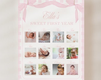 Puede incluir: Un fondo de cuadros vichy rosa y blanco con una cinta y un lazo rosa en la parte superior. El texto "Ella's Sweet First Year" está escrito en una fuente cursiva rosa. Hay 12 fotos de una niña en un formato de cuadrícula, cada foto representa un mes del año.