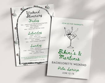 Bikinis and Martinis Bachelorette Invitation and Itinerary Template, Kinis and Tinis , Girls Weekend, Hen Party, Editable Hand Drawn Invite