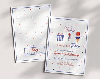Land of the Three Birthday Invitation Template, 4th July Third Party, Patriotic Theme, Independence Day, Red White Blue, Editable Invite