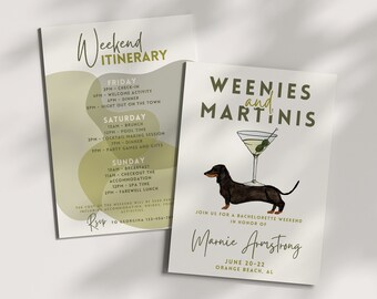 Weenies and Martinis Bachelorette Invitation Itinerary Template, Daschund Weiner Dog Theme, Dirty Martini, Hen Weekend, Editable Invite