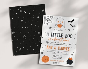 Halloween Baby Shower Invitation Template, A Little Boo is Almost Due, Fall Ghost Theme Invite, Gender Neutral, Editable Digital Download