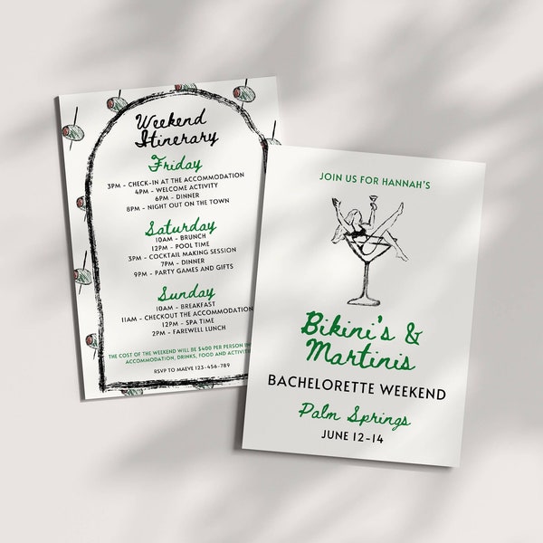 Bikinis and Martinis Bachelorette Invitation and Itinerary Template, Kinis and Tinis , Girls Weekend, Hen Party, Editable Hand Drawn Invite