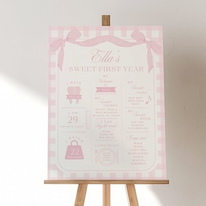 Tableau d'étape premier anniversaire Vichy rose, modèle modifiable, décoration sur le thème noeud rose BCBG, signe 1er jalon, affiche ma première année