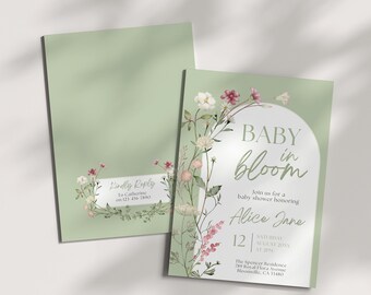 May include: A green baby shower invitation with a floral design and the text "Baby in Bloom" and "Alice Jane". The invitation includes the date and time of the shower, as well as the location.
