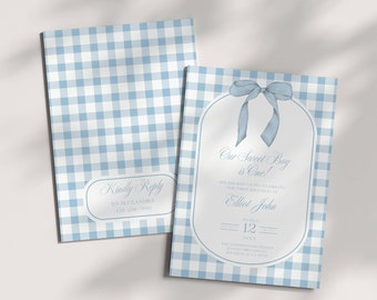 Blue Gingham Bow First Birthday Invite Template, Heirloom Ribbon Editable Invitation, Dusty Blue Minimalist Theme, Preppy Boy 1st Birthday