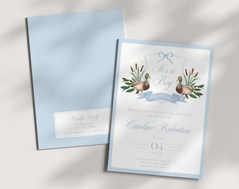 Mallard Duck Baby Shower Invite Template, Baby Boy Invitation, Monogram Duck Crest, Dusty Blue, Hunting Theme, Editable Instant Download