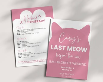 Pink Cat Bachelorette Invitation Itinerary Template, Last Meow Before The Vow, Getting Meowied, Let's Purrty, Hen Party Editable Invite